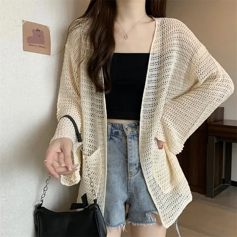 [휴드] 씬즈 시스루 펀칭 선블락 니트 가디건