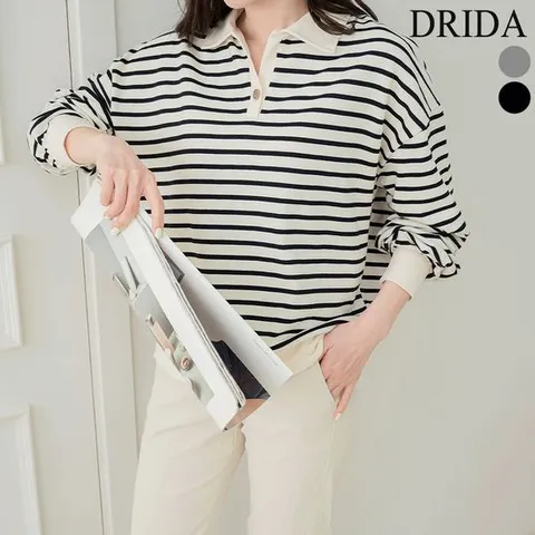 [드리다] 여자 봄 가을 카라 스트라이프 빅사이즈 단가라 맨투맨 티셔츠 40대 미시 중년 엄마옷 캐주얼