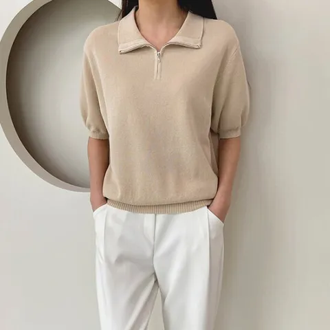 [어반프랑] 디아 집업 카라 반팔 니트