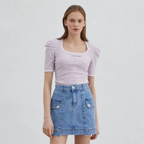 [ 롯데백화점 ][에고이스트]퍼프소매 배색 자수 티셔츠