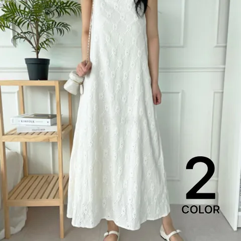 에르디테 / 레이스 자수 펀칭 레이어드 끈 나시 휴가 롱 원피스/ 2컬러
