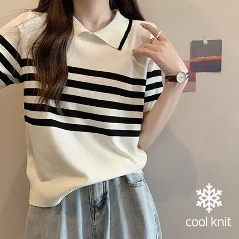 [유니제이] 나듀 스트라이프 배색 카라 반팔 니트티