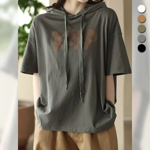 [유니제이] 바라 루즈핏 후드 프린팅 반팔티