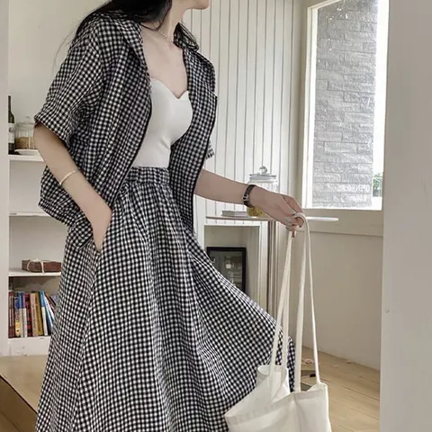 [아리엘스타일]캐주얼 꾸안꾸룩 론트체크투피스