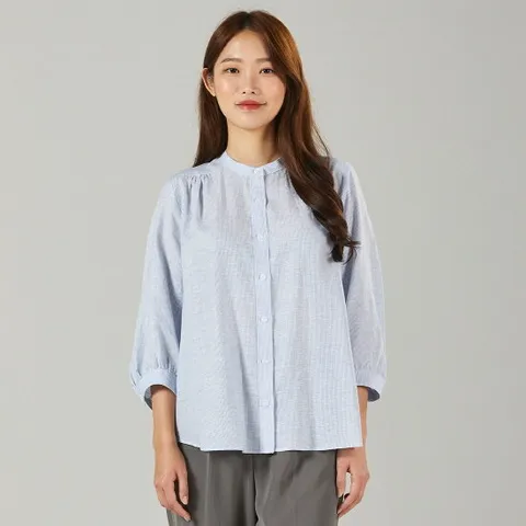 SS 여성용 7부소매 린넨셔츠 블루 솔리드 여자용 셔츠블라우스