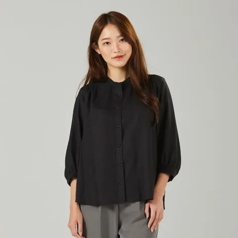SS 여성용 7부소매 린넨셔츠 블랙 솔리드 여자용 셔츠블라우스