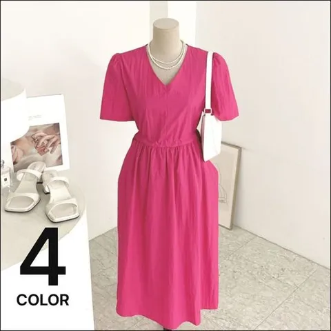 허니제이 / 디팽 바스락 포켓 스트링 반팔 롱 원피스 (4color)