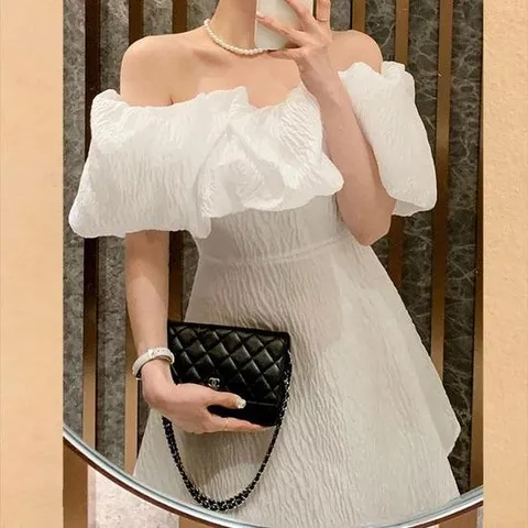 퓨어 오프숄더 퍼프 주름 볼륨 A라인 미니 원피스