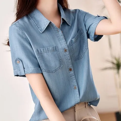 [휴드] 테셜링 카라 반팔 데님 셔츠