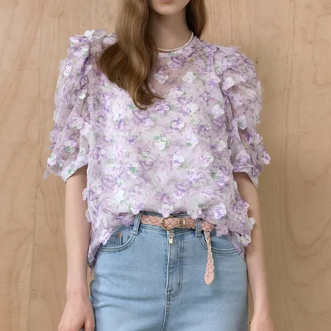 [MAXZA] 입체 꽃잎 볼륨소매 시스루 블라우스