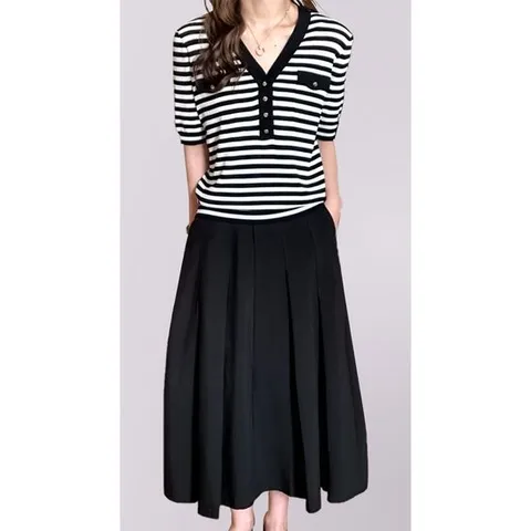 여성 여름 브이넥 스트라이프 니트 반팔 티셔츠