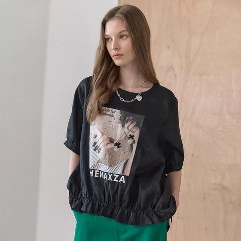 [MAXZA] 이어링 큐빅 장식 린넨 블라우스 티셔츠