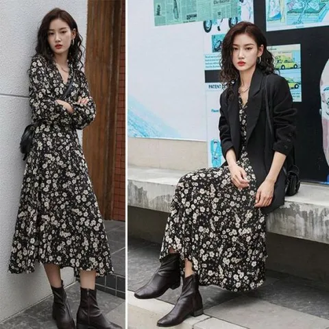 하늘하늘 가을 데이트룩 허리끈 플라워 롱 원피스