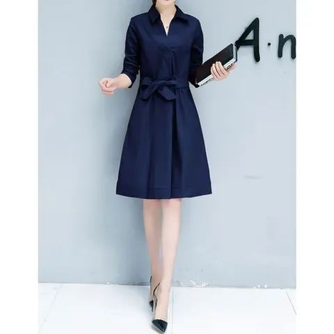 여성 여름 간절기 허리 리본 얇은 카라 미디 원피스