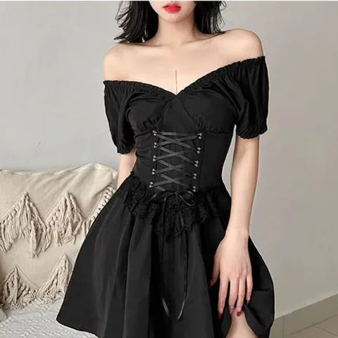 오프숄더 브이넥 매듭 블랙 플레어 원피스 (블랙)