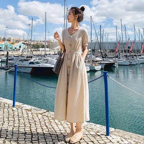 (시즌오프세일)[이쁘다] 리에브 브이넥 단추 반팔 원피스