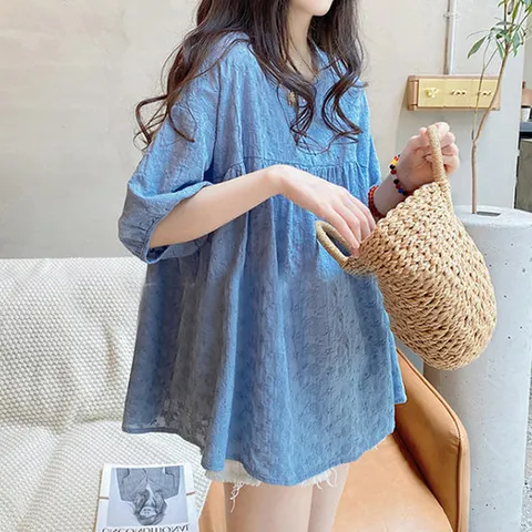 [이쁘다] 엘더 자수 반팔 블라우스