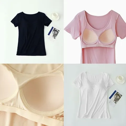 브라캡모달반팔티 모달 캡내장 노브라 일체형 티셔츠