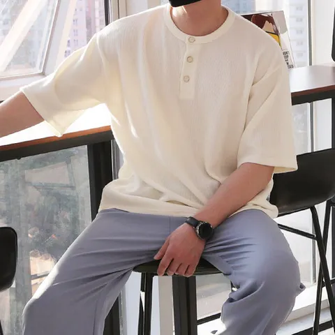 WML 남자 빅사이즈 쓰리버튼 헨리넥 니트 반팔티