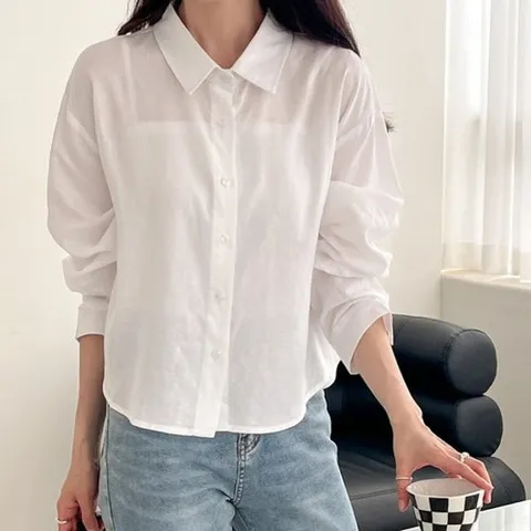 플러리싱 / 베이직 린넨 긴팔 크롭 블라우스  플러리싱