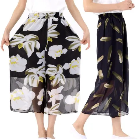 [서울양말]더블 레이어 쉬폰 와이드 플라워 레그 팬츠 레이디 여