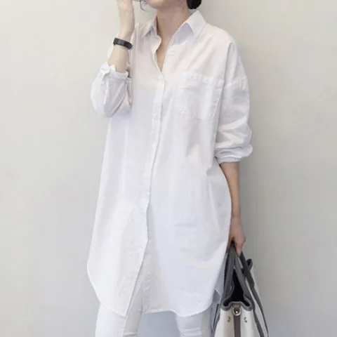 뒷트임 단추 포인트 여성 베이직한 롱셔츠 코디 흰색