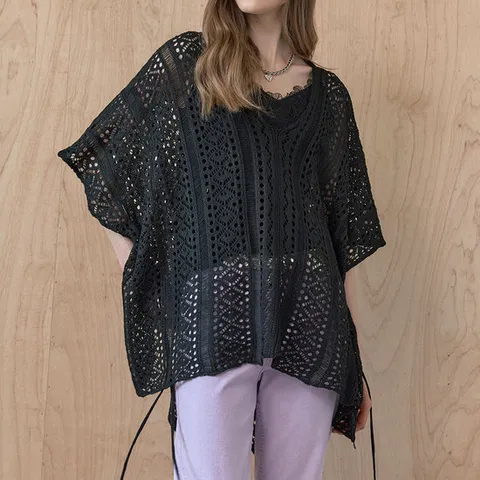 [MAXZA] 메쉬 크로셰 브이넥 루즈핏 판초 니트