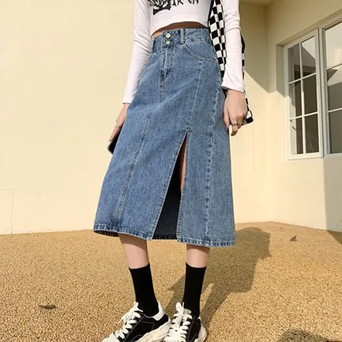 [어썸] U1워싱절개 옆트임 데님 롱 스커트_261076