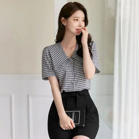 [시크라인] 오코비 플랫 빅카라 깅엄체크 블라우스