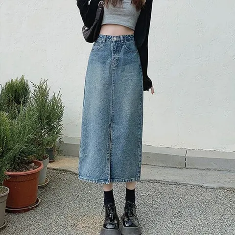 [어썸] 에이치청 앞트임 데님 롱 스커트_261191