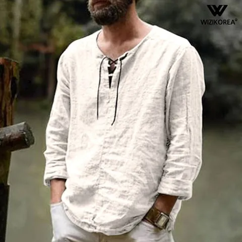 여름 긴팔 린넨 스트링 V넥 티셔츠 남자 남성 브이넥 WI017T