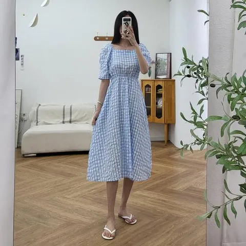 [더폰드] 지지미 체크 플레어 롱원피스[2컬러]