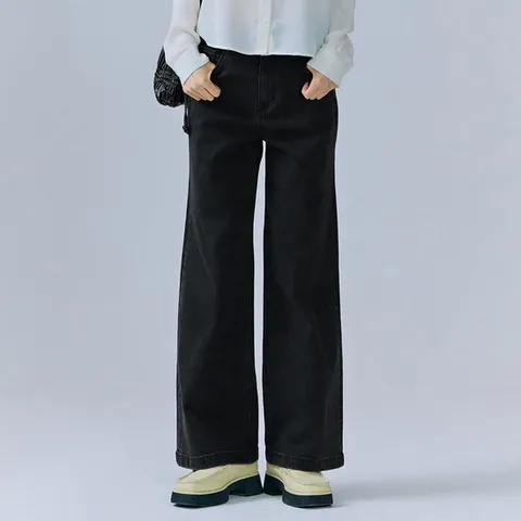 여성 블랙 워싱 히든밴딩 와이드 데님 팬츠-CERG2363B03