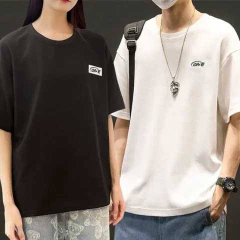 [O.ONE] 남여공용 루즈핏 와플패턴 라운드 반팔 티셔츠