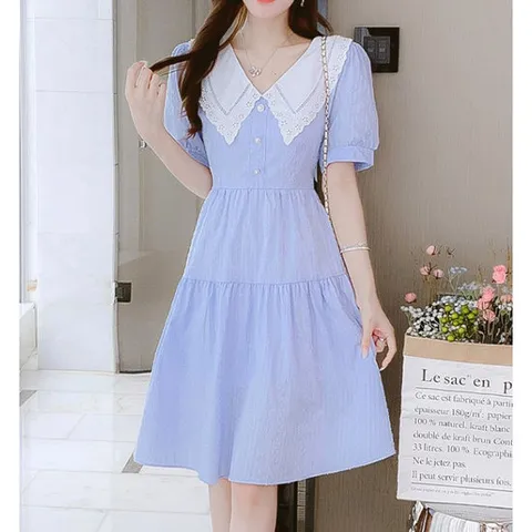 [플로렌][빅사이즈]레이스 빅카라 퍼프 슬리브 여름하객 미디 원