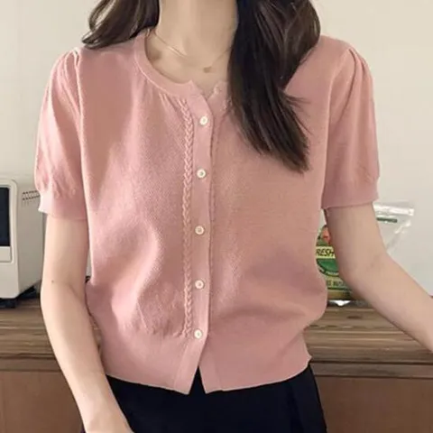 여름 데일리한 크롭 니트 기본 반팔 단추 가디건 핑크