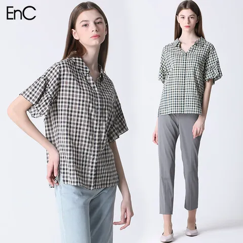 [EnC] 오픈카라 체크 블라우스