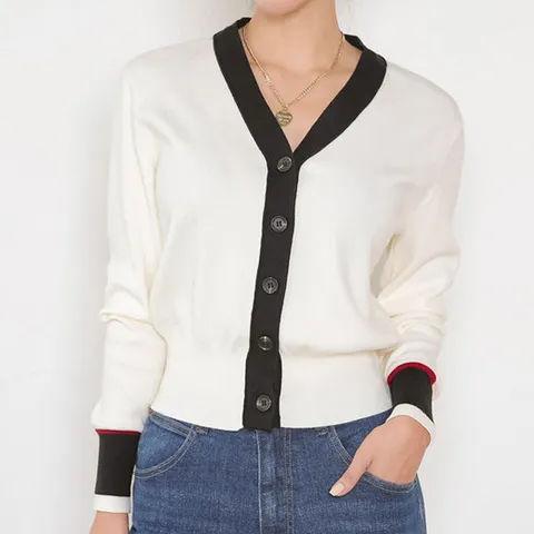 [헤이올리]가디건 하나로 스타일 완성/아이보리 삼색 배색라인 니트가디건 NHK042