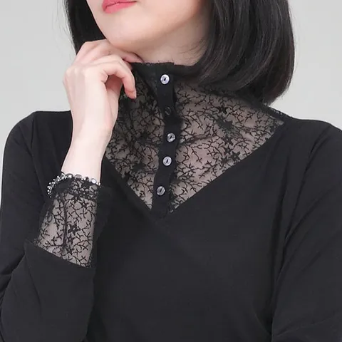 애비뉴투지 엄마옷 레이스 하이넥 봄 가을 스판 블라우스 B09345
