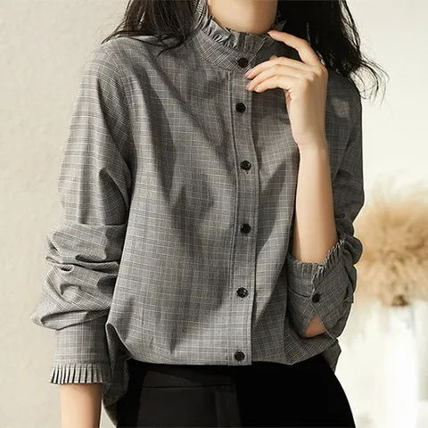 [패션시그널] 링클넥 체크 셔츠 블라우스 CEA61F