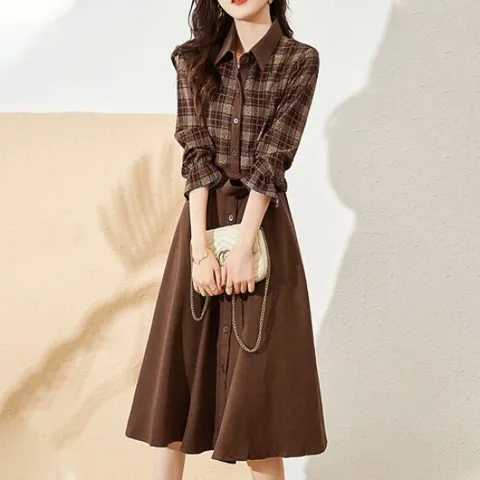 나바바 / NO569 레트로 체크 허리끈 긴팔 셔츠 원피스