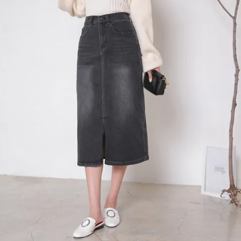 [헤이올리]수량부족/가격인하/ 베이직 앞트임 반밴딩 그레이진 데님스커트 SH1154