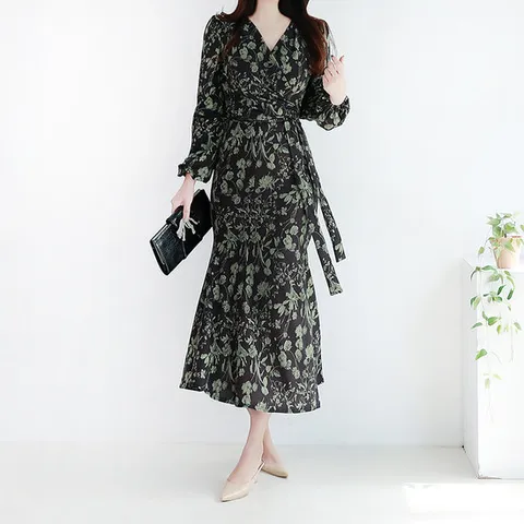 랩드레스 플로랄 브이넥 랩스타일 머메이드원피스 (2color)