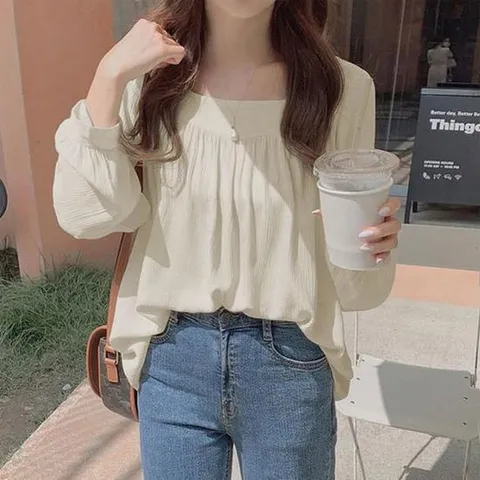 여성스런 셔링 편한 스퀘어넥 챠르르 긴팔 블라우스