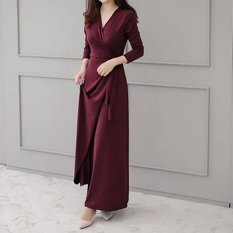 [랩드레스]간절기 슬림핏 무지 H라인 롱 랩원피스(5컬러)