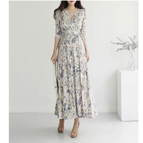 [랩드레스]플로랄 나염 A라인 셔링 롱 패턴랩원피스(2color)