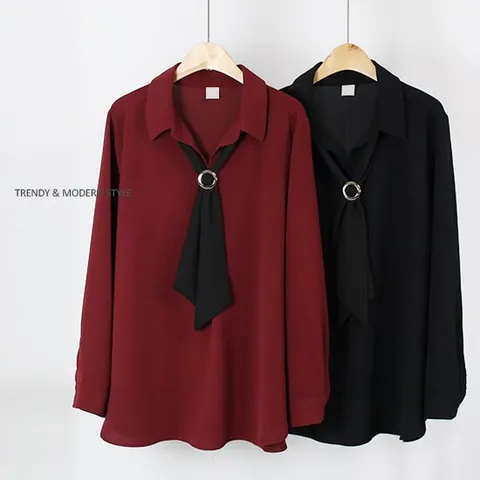 [해피통통] 빅사이즈 타이세트 블라우스 여성 정장 긴팔블라우스 여성의류