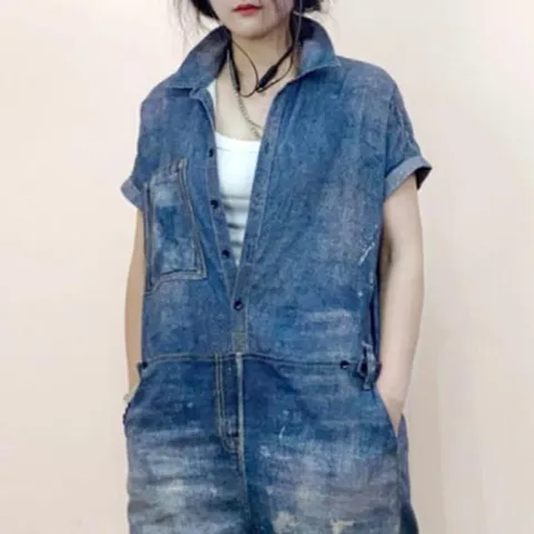 디지털 3D 데님 점프슈트 여성 워싱 와이드 점프슈트