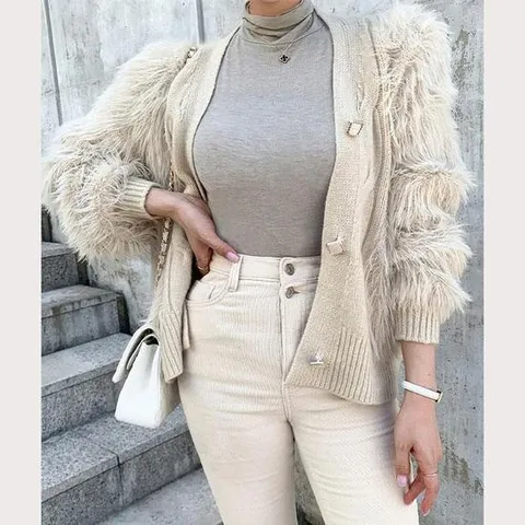 꽈배기 루즈핏 브이넥 퍼 아우터 가디건 코디 룩