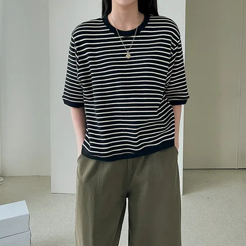 [어반프랑] 쉬드 스트라이프 톡톡한 7부 맨투맨 티셔츠